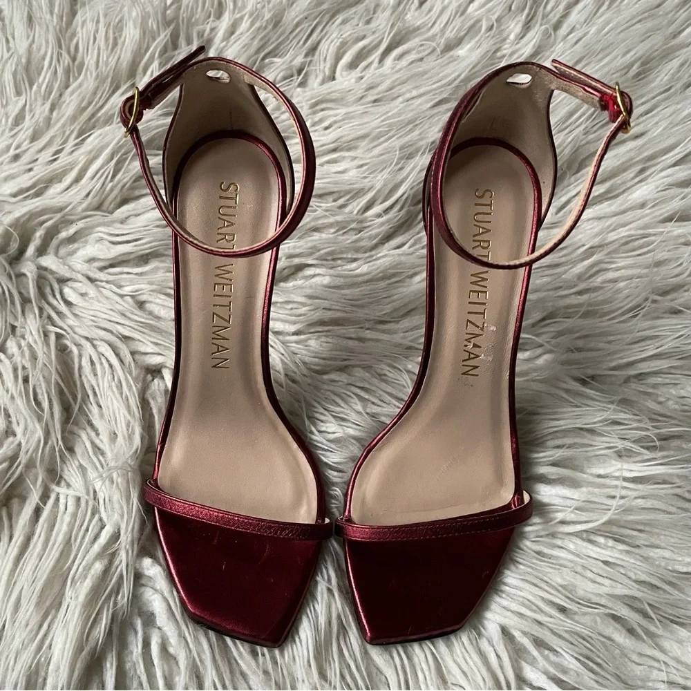 Stuart Weitzman Metallic Red Leather Nudistcurve 100mm Heeled Strap Sandal Sz 9